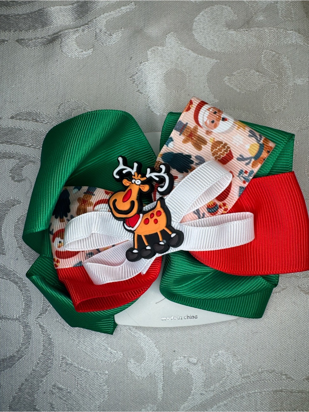 New MINT Christmas Reindeer Bow Hair Clip - Green, Red & White